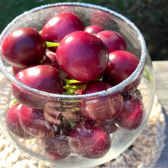BOWL of CHERRIES Green Stems Glass Bowl Centerpiece Fruit Decor  Rim 4.5 in - Picture 2 of 12